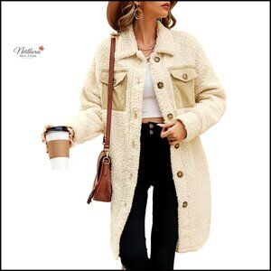 Women's Faux Fur Fleece Jacket Lapel Collar Button Down Long Sleeve Winter Coat